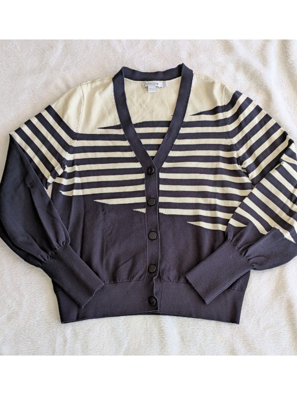 NWOT Chico's Navy & Ivory Asymmetrical Stripe V-Neck Cardigan Sweater Size XS